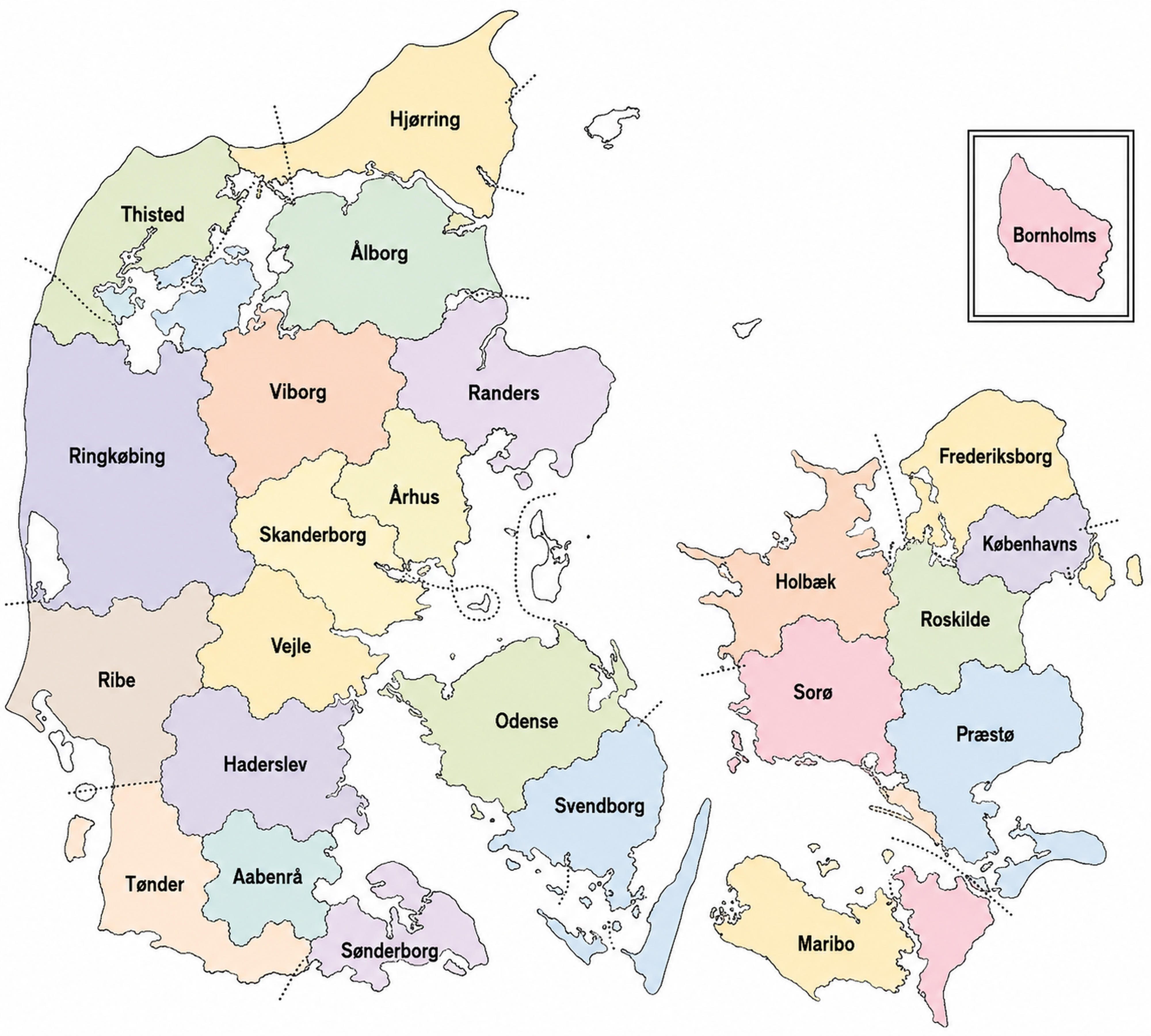Farvelagt og klikbart kort over Danmarks amter 1793–1970